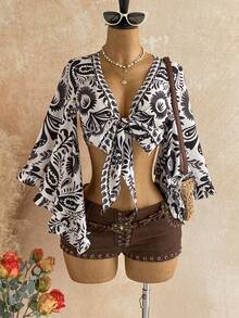 Soleia Women's All-Over Print Knot Front Casual Versatile Daily Travel Shirt - Multicolor - View 6