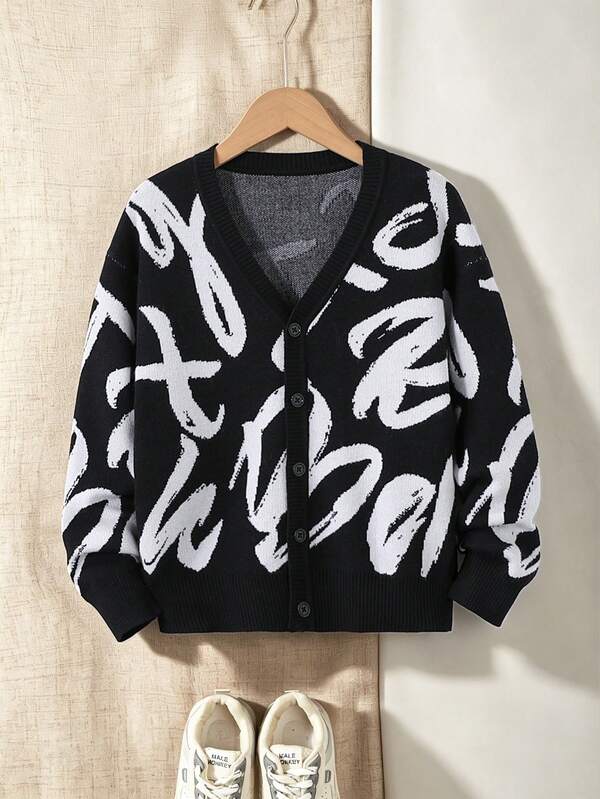 Boys' Fashion Minimalist Letter Jacquard Knit Cardigan Sweater Long Sleeve