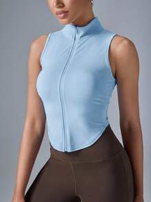 VARSIVA Women's Solid Color Zipper Front Sports Tank Top - Blue - View 5