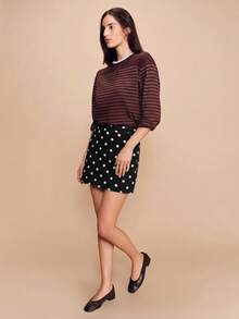 lacRébo Polka Dot Print Beige Woven Mini Skirt, Spring/Summer Vintage French Parisian Style - Black - View 7