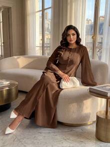SHEIN Lady CURVE Plus Size Chocolate Brown Autumn Modest Tea Party Dress For Women,Elegant Bell Sleeve Button Front Flared Hem Retro Waist A-Line Casual Office Dress - Brown - View 1