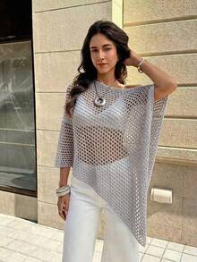 SHEIN Franclia 女款素色鏤空設計不對稱下擺針織衫 - 淺灰色 - 查看 4