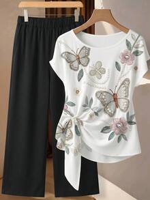 SHEIN Clasi 女款花卉印花圓領繫帶上衣與素色休閒長褲兩件套 - 彩色 - 查看 4