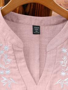 SHEIN LUNE CURVE 大尺碼女款刺繡春/夏浪漫時尚百搭休閒通勤襯衫 - 淺粉色 - 查看 5