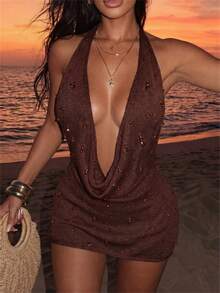 Swim SXY Chocolate Brown Knitted Draped Neck Flounce Collar Backless Hand-Embellished Crystal Trim Women's Sexy Vacation Beach Cover-Up Short Dress Summer - Chocolate Brown - View 1