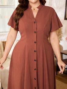 Lacomfia Plus Size Women's Solid Color Short Sleeve V-Neck Button Front Pleated Dress - Redwood - View 3