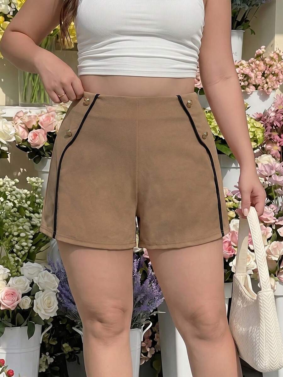 SHEIN MOD Plus Size Early Summer High Waist Shorts, Contrast Edge Design, Elegant Commute, Casual Daily Wear, Date Night - Camel - View 1