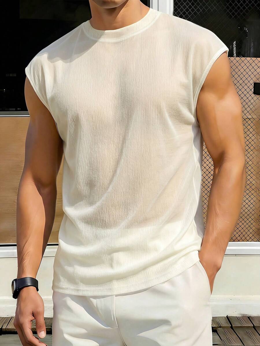 Manfinity Dauomo Men's Solid Color Crew Neck Cap Sleeve Versatile Casual T-Shirt - Apricot - View 1
