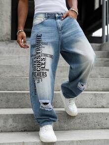 GALLERY FADE Men's Light Wash Wide Leg Jeans, Street Style Letter Print Distressed Long Pants, Casual Wide Leg Ripped Jeans - Blue - View 6