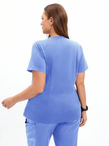 TaskEZ 大码女式夏季蓝色护士制服慢跑服微弹力上衣多口袋护士美容师工作服刷牙女式刷牙 Niahinn Scrub 女式护士刷牙制服上衣工作短袖 V 领 2 口袋设计黑色上衣 - 藍色 - 查看 2