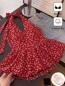 SHEIN Franclia 夏季優雅法式風格女款上衣，內建胸墊，無需穿內衣，波點掛脖設計 - 紅色 - 查看 5