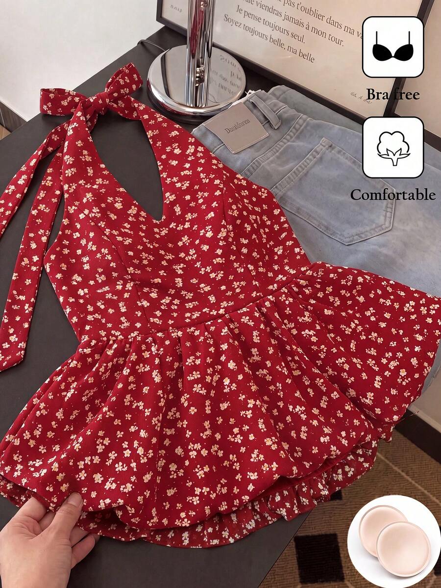 SHEIN Franclia 夏季女款優雅熱帶可愛法式上衣,內建胸罩杯免穿內衣,波點掛脖度假海灘紅花朵造型 - 紅色 - 查看 1