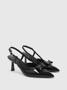 CUCCOO BIZCHIC Retro Glossy Bow High Heels, Pointed Slingback Strap Dating Women's Shoes - Black - View 4