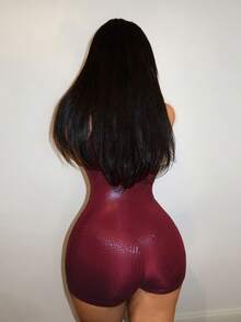 Slaydiva Women's Burgundy Leopard Print PU Square Neck Sleeveless Slim Fit Mini Bodysuit,Summer Club Night Rave Y2K Style,Elegant Party Wedding Streetwear - Burgundy - View 3