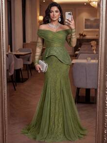 SHEIN Lady CURVE Plus Size Olive Green Winter Elegant Formal Evening Formal Sequin Lace Sheer Off-Shoulder See-Through Sleeve Fishtail Hem Mesh Wedding Gala Party - Army Green - View 8