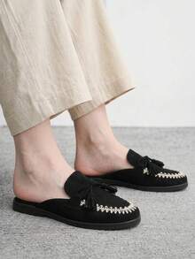 CUCCOO BIZCHIC 女款黑色流蘇後跟帶刺繡穆勒樂福鞋，日常通勤秋季鞋 - 黑色 - 查看 4