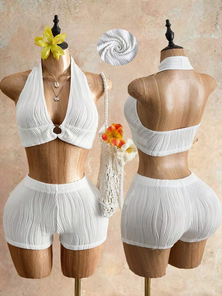 Mistrie 女款白色羅紋掛脖套裝,紋理百褶針織短版上衣配環飾,波希米亞海灘度假風,露腰休閒日常穿搭,性感海灘女裝 - 白色 - 查看 1