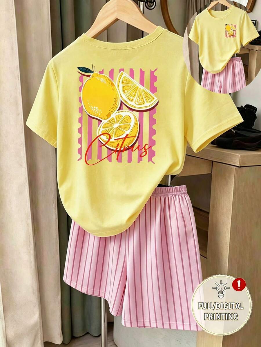 SHEIN 青少年女孩數位條紋與檸檬印花短袖短褲套裝,春夏季休閒舒適時尚,百搭夏季穿搭,適合戶外運動、戶外野餐、街拍、居家、校園、度假、送禮、日常穿著 - 彩色 - 查看 1