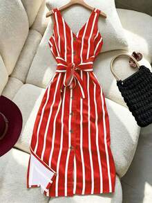 Franclia Women's Two-Tone Striped Sleeveless Waist Bow Single-Breasted Dress - Red - View 3