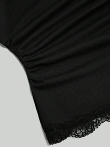Sweetra Fashion Square Neck Contrast Lace Flared Long Sleeve Elastic Knit Top T-Shirt Fall - Multicolor - View 19
