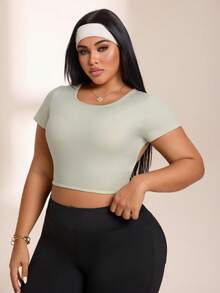 SHEIN Rhythm Era Women's Plus Size Solid Color Backless Cropped Sports T-Shirt - Baby Pink - View 4