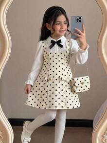 SHEIN 女童少女休閒簡約學院風舒適翻領波點拼色拼接洋裝，返校季 - 黃色 - 查看 8
