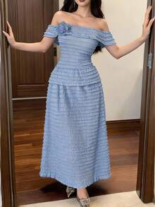 Feyla Women's 3D Flower Decor Off-Shoulder Elegant Romantic Midi Dress Tea Party Baby Blue Summer - Baby Blue - View 3