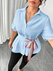 Elenzga Plus Size Women's Belt Scarf Decor Pleated Casual Versatile Daily Wear Blouse - Baby Blue - View 4