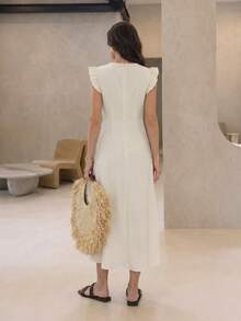 Modelyn Women White V Neck Ruffle Sleeveless Maxi Dress, Textured Fabric Coin Tassel Waist Band Flowy Loose Vacation Long Dress - Khaki - View 3