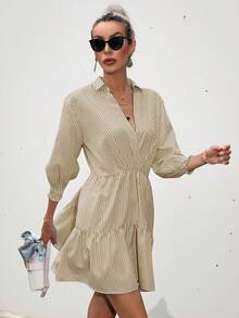 Frievida Striped Print Ruffle Hem Smock Dress Dresses For Women Elegant  - Mustard Yellow - View 5