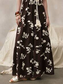 Zovinel 花卉刺繡人造絲女款長洋裝,流蘇設計腰繩,波希米亞 70 年代優雅鄉村風復古風格,適合夏季野餐早午餐 - 咖啡棕 - 查看 7