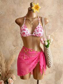 Mistrie Summer Beach Floral Print Halter Triangle Bikini Set With Beach Skirt Vacation - Multicolor - View 1