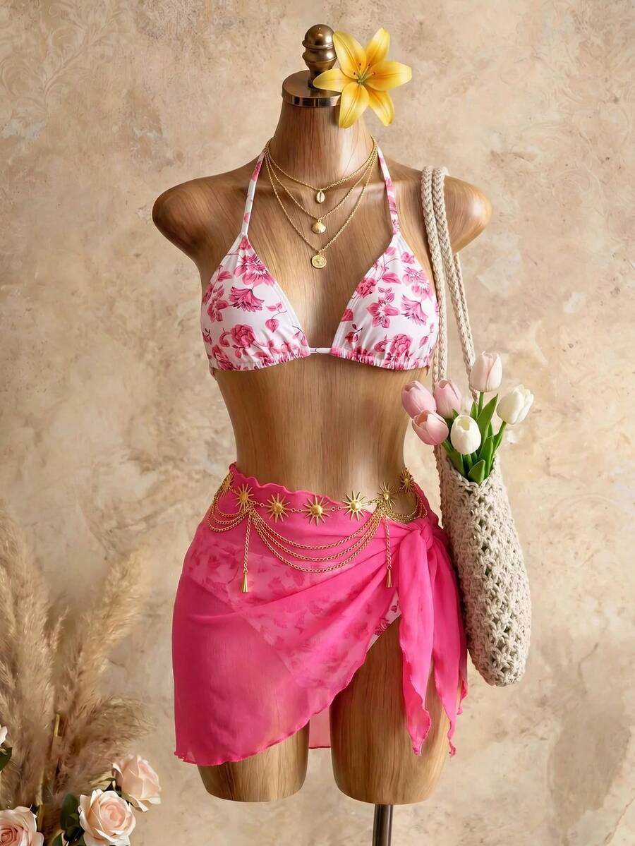 Mistrie Summer Beach Floral Print Halter Triangle Bikini Set With Beach Skirt Vacation - Multicolor - View 1