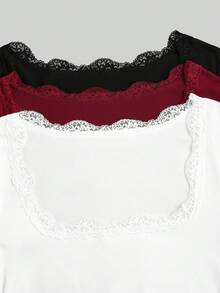 Sweetra Fashion Square Neck Contrast Lace Flared Long Sleeve Elastic Knit Top T-Shirt Fall - Multicolor - View 20