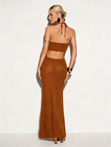 Femmeiva Women's Sexy Solid Color Knit Dress - Brown - View 2