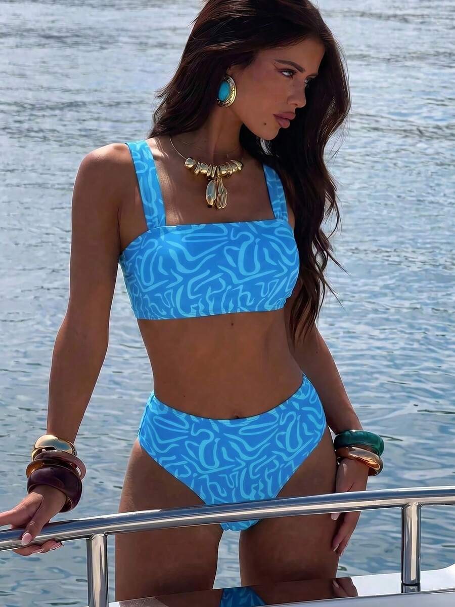Swim Vcay 2 件套女士夏季随机颜色印花肩带上衣和高腰下装泳衣比基尼套装适合海滩和度假 - 藍色 - 查看 1