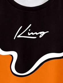 (1 Set) Boys Casual Fashion Minimalist King Black Orange White Color Block Pattern Basic Short Sleeve T-Shirt And Shorts - Multicolor - View 5