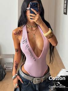 Coolane Women's Summer Going Out Chic Letter Streetwear Print Deep V Sexy Halter Neck Pink Bodysuit - Pink - View 6