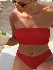 Swim Vcay 2026 特殊面料春夏女款紅色抹胸比基尼套裝，後背繫帶設計，側邊高衩，2件式泳衣，適合度假 - 紅色 - 查看 8