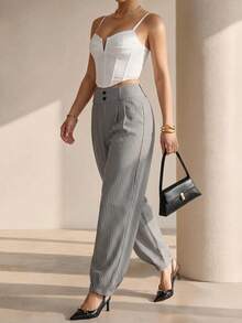 Structelle Women's Spring/Autumn Elegant Casual High-Waist Double-Button Pleated Straight-Leg Tapered Trousers - Black and White - View 3