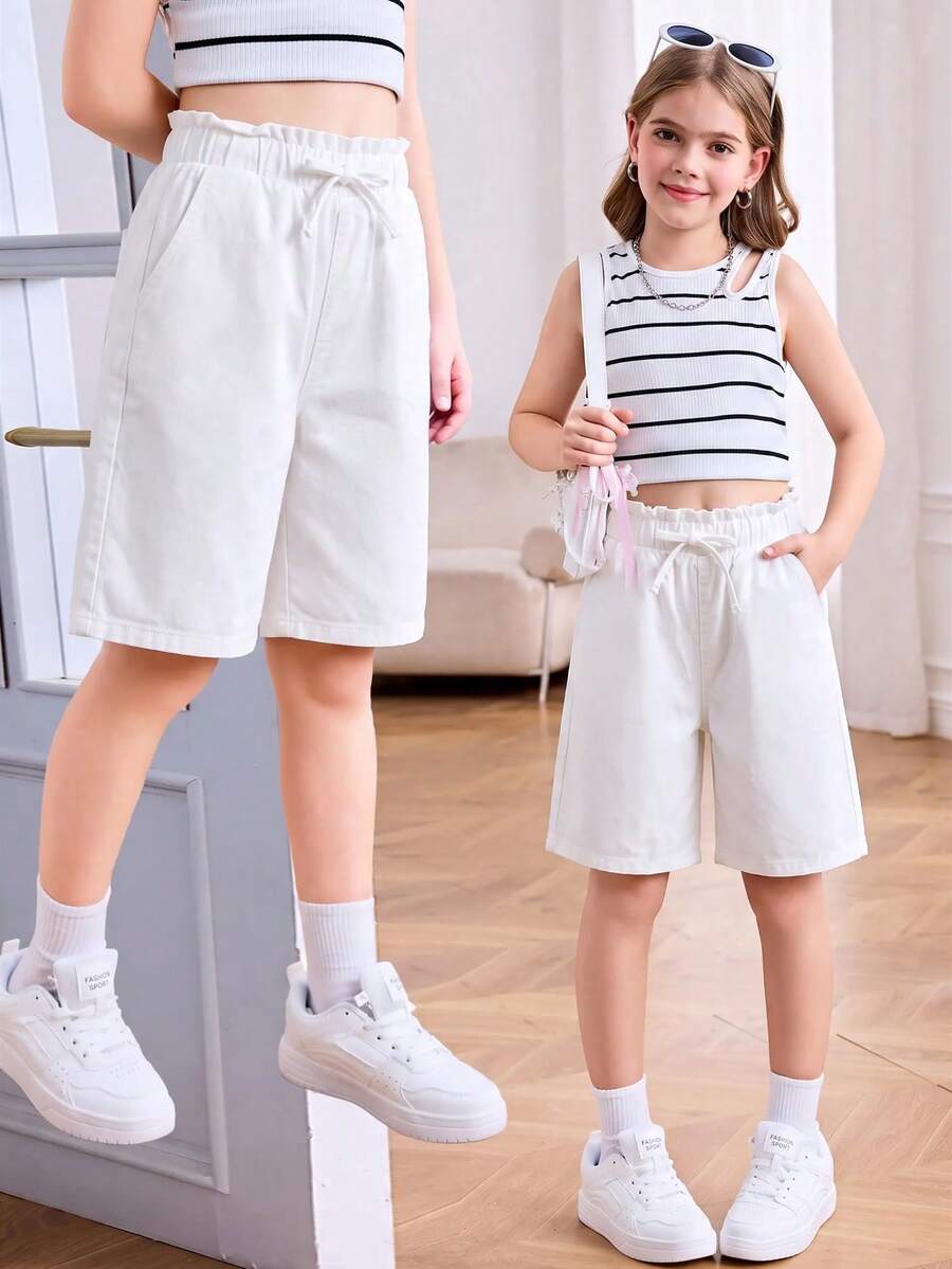 SHEIN 青少年女孩抽繩腰休閒百搭日常穿著牛仔短褲 - 白色 - 查看 1