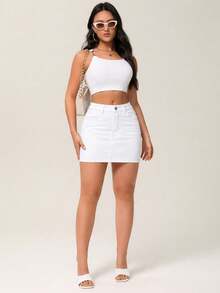 SHEIN ICON Fall Casual White High Waist Button Pocket Stitching Mini Clean Daily Wear Versatile Going Out Denim Skirt For Women - White - View 4