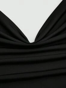 Sweetra Women's Summer Black Draped Neck Draped Pleated Fitted Bodycon Asymmetrical Drawstring Hem Short Dress - Black - View 4