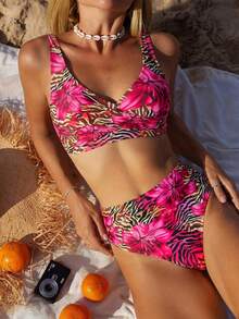 Swim Basics 新款豹纹印花侧高衩两件套比基尼，女士沙滩度假泳装 - 彩色 - 查看 7