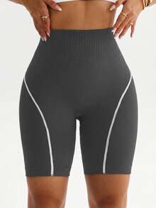 SHEIN Rhythm Era 1件女款大尺碼無縫高腰交叉線條運動短褲，適合跑步、健身、瑜珈、單車運動的百慕達運動短褲 - 深灰色 - 查看 2