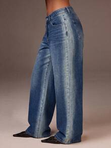 Athîral Denim 女款休閒低腰寬鬆水洗淺藍牛仔褲，適合日常穿著、度假夜生活、外出、街頭風、Y2K、夏季 - 中等水洗藍 - 查看 4