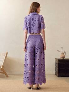 Arave Women's Lace 2 Pieces Set ,Summer,Elegant,Tropical,Holiday,Vacation,Holiday Laser Cut Out Crop Top & Wide Leg Pants,Embroidered Outfit - Mauve Purple - View 3
