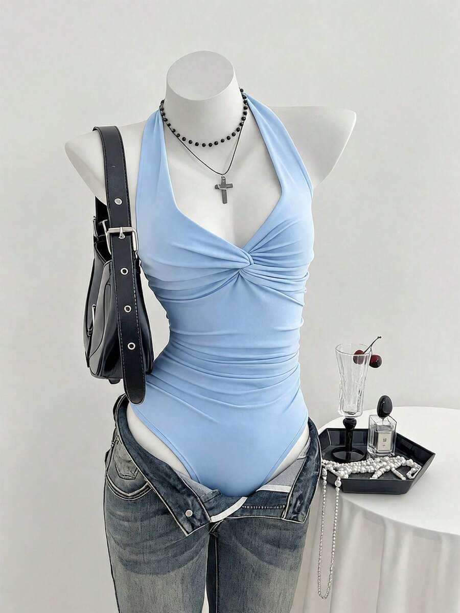 Elamini Bodysuit nữ cổ chữ V xoắn trước ngực, gợi cảm, phong cách tối giản thường ngày, xuân/hè - Màu xanh nhạt - Xem 1