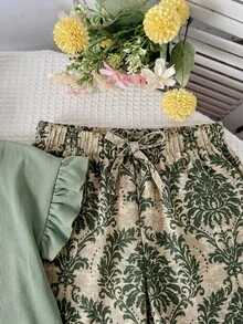 SHEIN Tween女孩女童T恤套裝 梭織素色短袖T恤搭配碎花長褲休閒套裝 - 綠色 - 查看 5