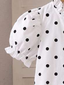 SHEIN Elladie kids 女童休閒波點短袖公主袖白色棉質上衣，新時尚度假旅行必備，適合外出、休閒與派對穿搭 - 白色 - 查看 5